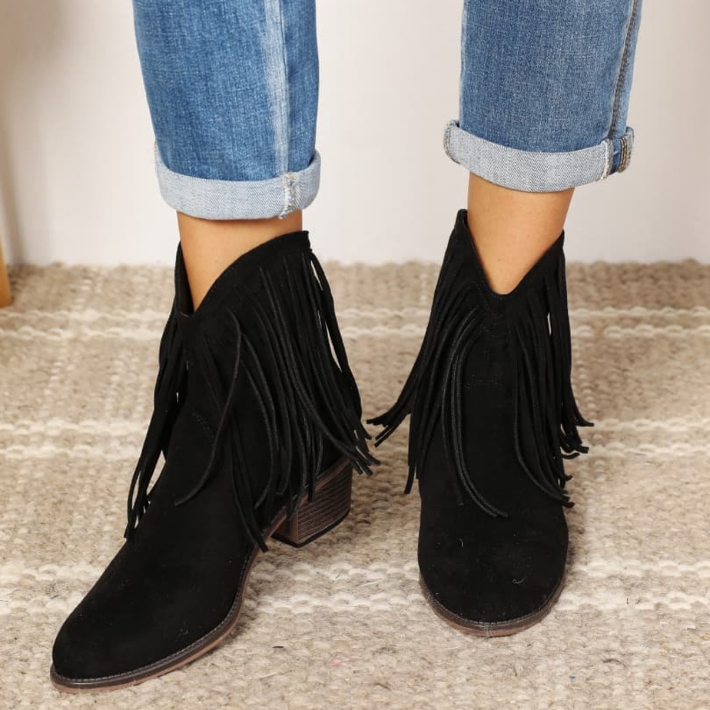 Western Fusion Fringe Ankle Boots - Black